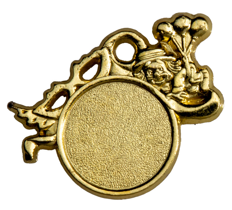 Goldfarbene Karnevalsmedaille mit leerer runder Mitte und einer Narrenfigur mit Luftballons rechts oben. Karneval Medaillen Darmstadt 50 mm von POMEKI.