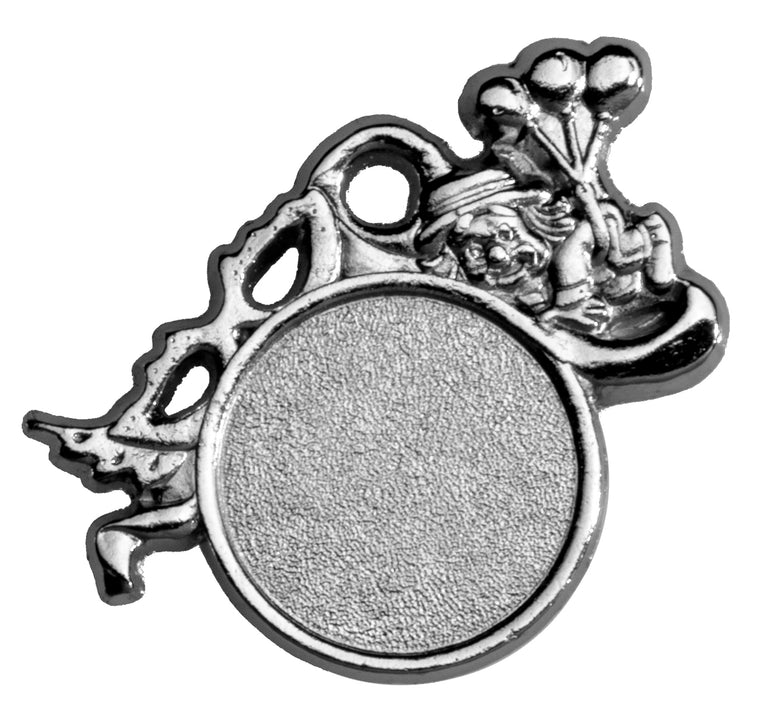 Silberfarbene Medaille mit leerer, strukturierter runder Mitte und Narrenfigur mit Luftballons oben rechts. Karneval Medaillen Darmstadt 50 mm von POMEKI.