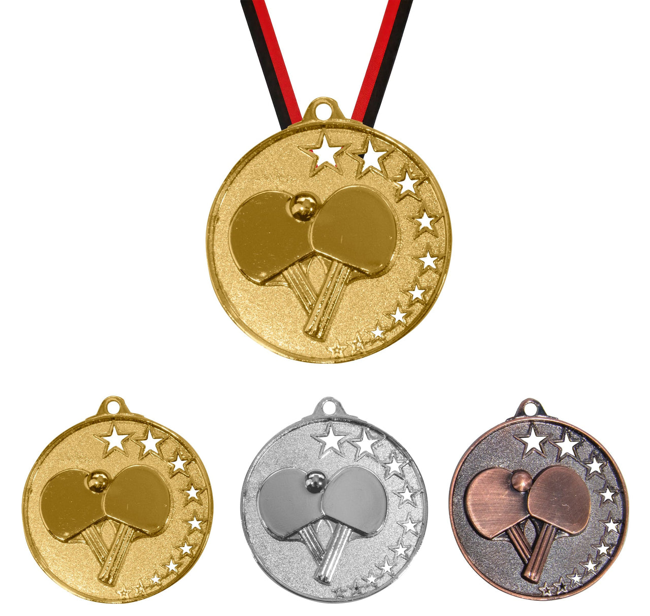 Eine Auszeichnung aus gold-, silber- und bronzefarbenen Tischtennis-Medaillen mit Bändern der Marke POMEKI.