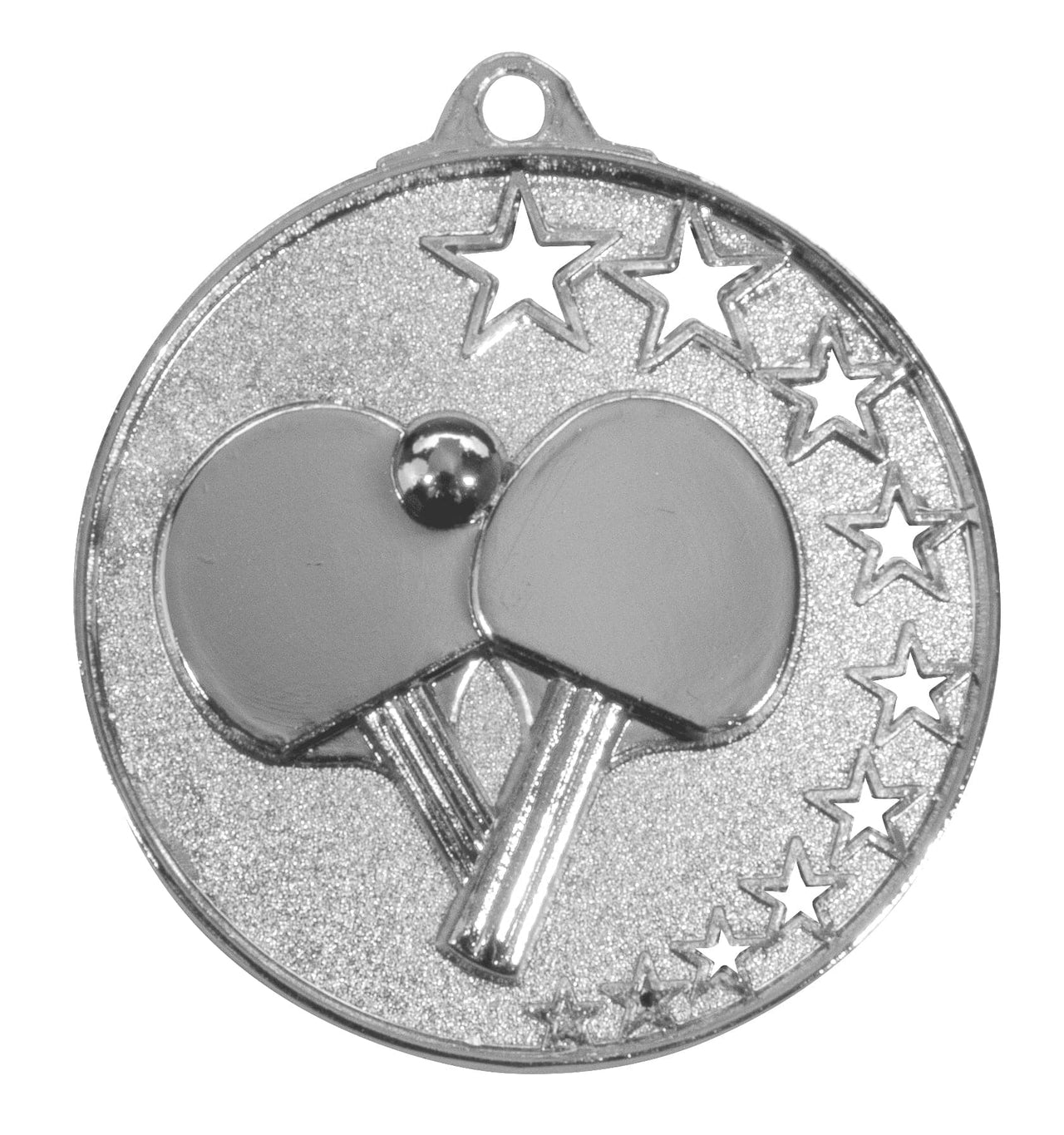 Silberne Tischtennis-Medaille „Tischtennis Medaillen Freiburg 50 mm PK79317“ von POMEKI mit Schläger- und Ballmotiv und Sternverzierungen.