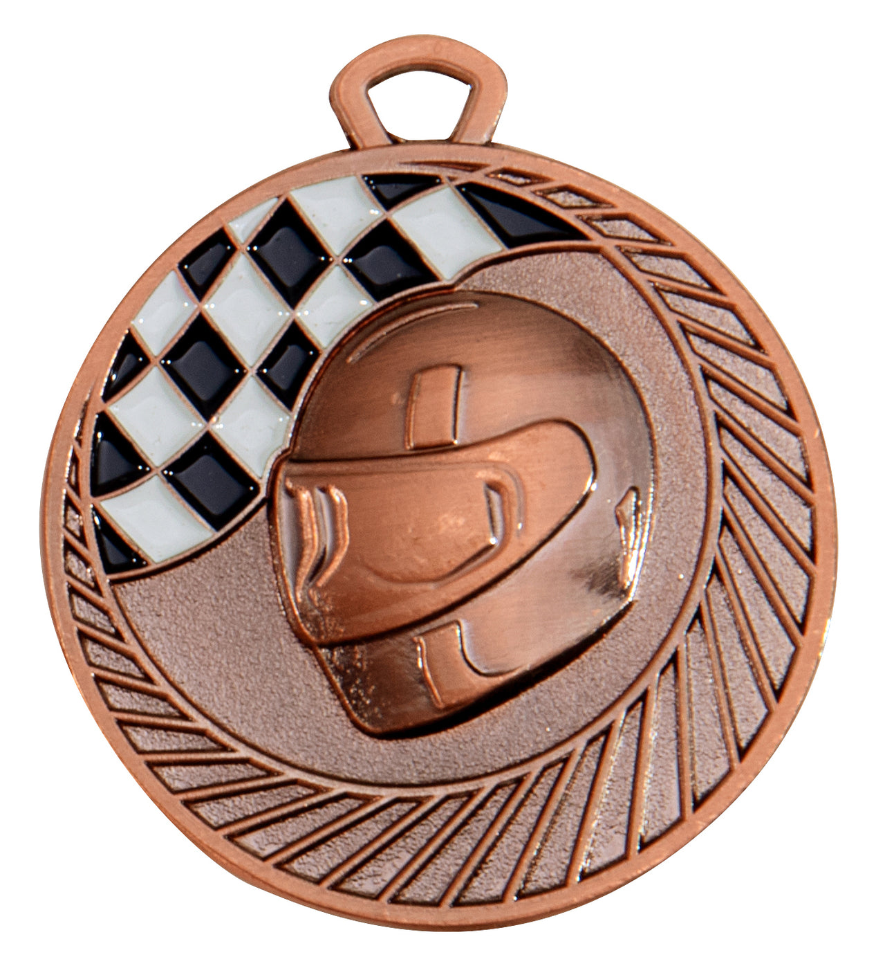 Die Motorsport Medaillen Aachen 50 mm PK79321 zeigen ein erhabenes Bild eines Rennhelms und ein kariertes Flaggenmuster in der oberen linken Ecke. Der äußere Rand ist mit einem strukturierten Design verziert, was ihn zu einem außergewöhnlichen Ehrenpreis für jeden Rennsportbegeisterten macht.