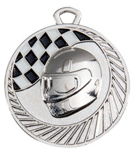 Thumbnail for Motorsport Medaillen Aachen 50 mm PK79321 mit einem Rennhelmdesign mit schwarz-weißen Akzenten im Karomuster.