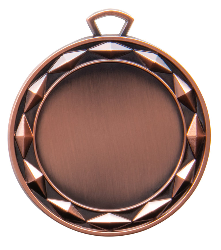 Bronzemedaille mit leerer Mitte, umgeben von einem geometrisch gemusterten Rand, oben eine Schlaufe für ein Band. Medaillen Bielefeld 70 mm von POMEKI.