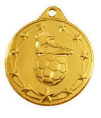 Thumbnail for Fußballschuh mit Ballmedaille Krefeld 50 mm PK79332, exklusive Goldmedaille mit einem Design, das einen Fußballschuh und Ball, umgeben von Sternen, zeigt und aus hochwertigem Material gefertigt ist.