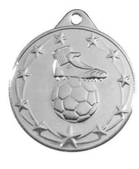 Thumbnail for Der Fußballschuh mit Ball Medaillen Krefeld 50 mm PK79332 ist eine aus hochwertigem Material gefertigte Silbermedaille mit einem exklusiven Design eines Fußballs und Stollens, umgeben von Sternen.