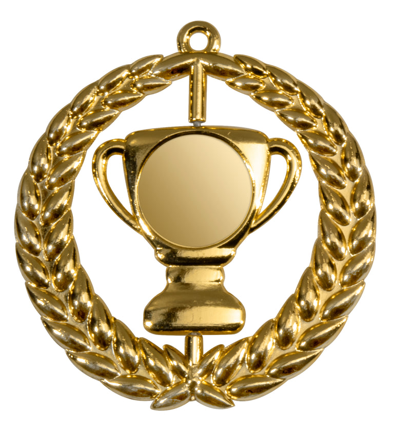 Die Medaillen Dresden 85 mm sind eine goldene Trophäe, umgeben von einem Lorbeerkranz, aus hochwertigem Material gefertigt und mit einem exklusiven Design versehen, das Sieg oder Leistung symbolisiert.