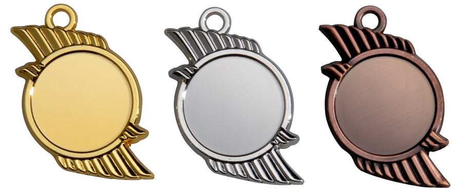 Ein Satz von drei runden Medaillen Zwickau 50 mm PK79334g-E25 mit exquisit gearbeiteten Flügeldesigns: eines aus Gold, eines aus Silber und eines aus Bronze, jeweils aus hochwertigem Material gefertigt.