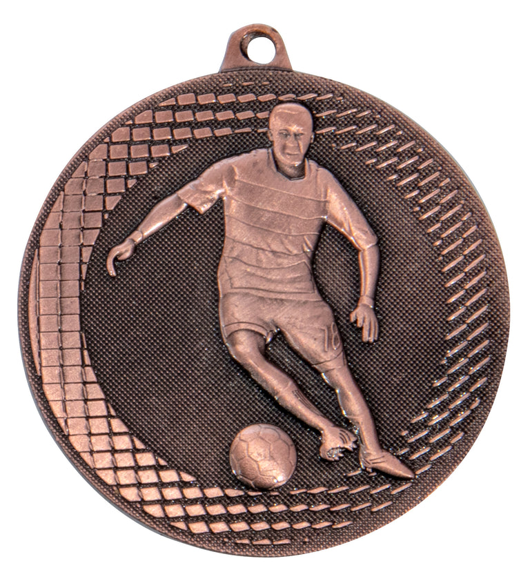 Die Fußballspieler Medaillen Rostock 50 mm sind eine Bronzemedaille mit dem erhabenen Bild eines dribbelnden Fußballspielers, gefertigt aus hochwertigem Material für ein exklusives Design.