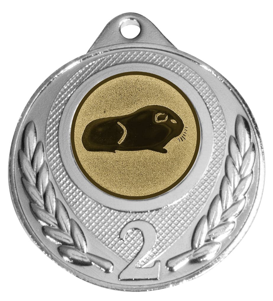 Eine silber- und goldfarbene Medaille für den zweiten Platz mit einer Gravur eines Meerschweinchens von POMEKI.