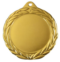 Thumbnail for Goldmedaille mit Lorbeerkranz-Design und einer leeren Mitte zur individuellen Gestaltung, isoliert auf weißem Hintergrund. Diese Medaillen Ingolstadt 70 mm PK79345g-E50 ist ideal zur individuellen Gestaltung.