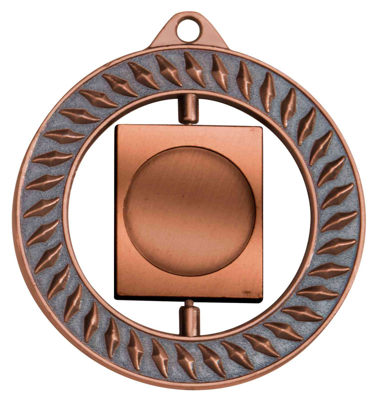 Bronzefarbene Medaille mit Blattmuster-Ring und quadratischem Mittelfeld mit leerer runder Fläche. Medaillen Regensburg 70 mm von POMEKI.