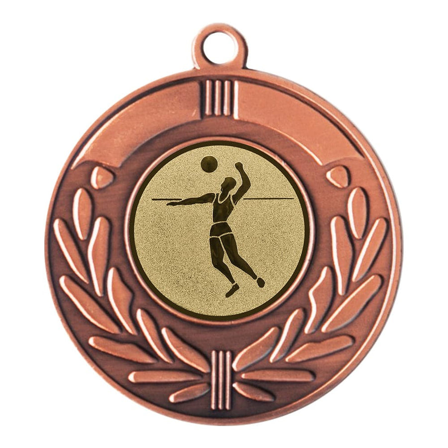 Bronze-Auszeichnung Medaille Düsseldorf mit einem eingearbeiteten Volleyballspieler-Design von POMEKI Medaillen Düsseldorf 50 mm PK79250g-E25.