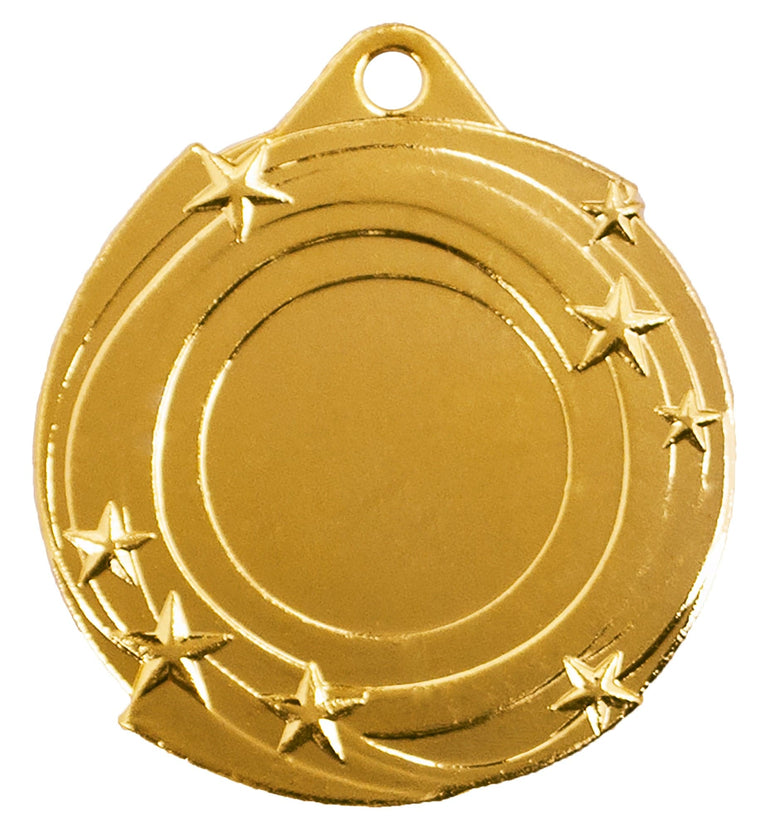 Goldfarbene runde Medaille mit leerer Mitte und mehreren geprägten Sternen entlang geschwungener Bögen am Rand. Medaillen Ludwigsburg 50 mm von POMEKI.