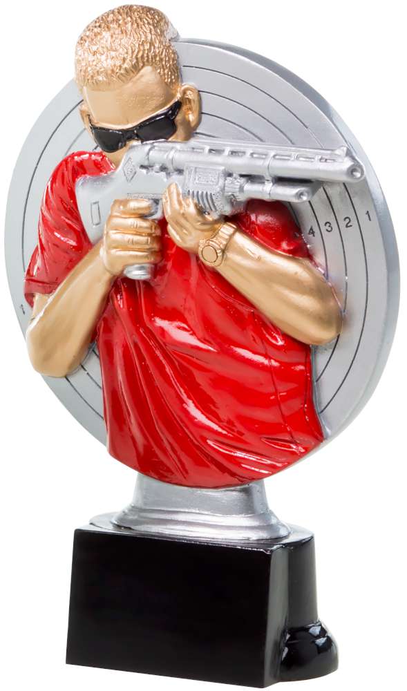 Eine goldfarbene Figur, die ein Gewehr vor einer Zielscheibe hält, ein rotes Hemd und eine Sonnenbrille trägt und auf einem schwarzen Sockel montiert ist – ein Trophäe-Schütze 160 mm, gefertigt aus hochwertigem Material.