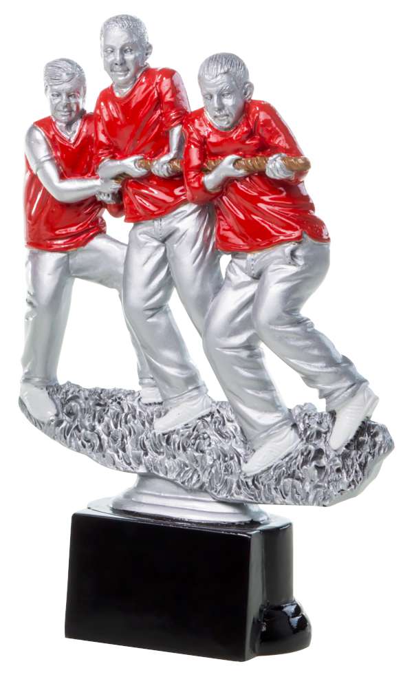 Die 3-er Serie Tauziehen 160 mm - 200 mm ist eine Trophäe, die drei Kinder in roten Hemden und silbernen Hosen zeigt, die auf einem schwarzen Sockel gemeinsam an einem Seil ziehen - ideal als Ehrenpreis für Teamwork und Sportlichkeit.