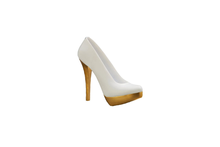 Die Trophäe Sonstiges 160 mm mit ihrem weiß-goldenen Stöckelschuh-Design eignet sich perfekt als elegantes Geschenk oder als einzigartiger Ehrenpreis für jeden besonderen Anlass, der vor einem schlichten weißen Hintergrund präsentiert wird.