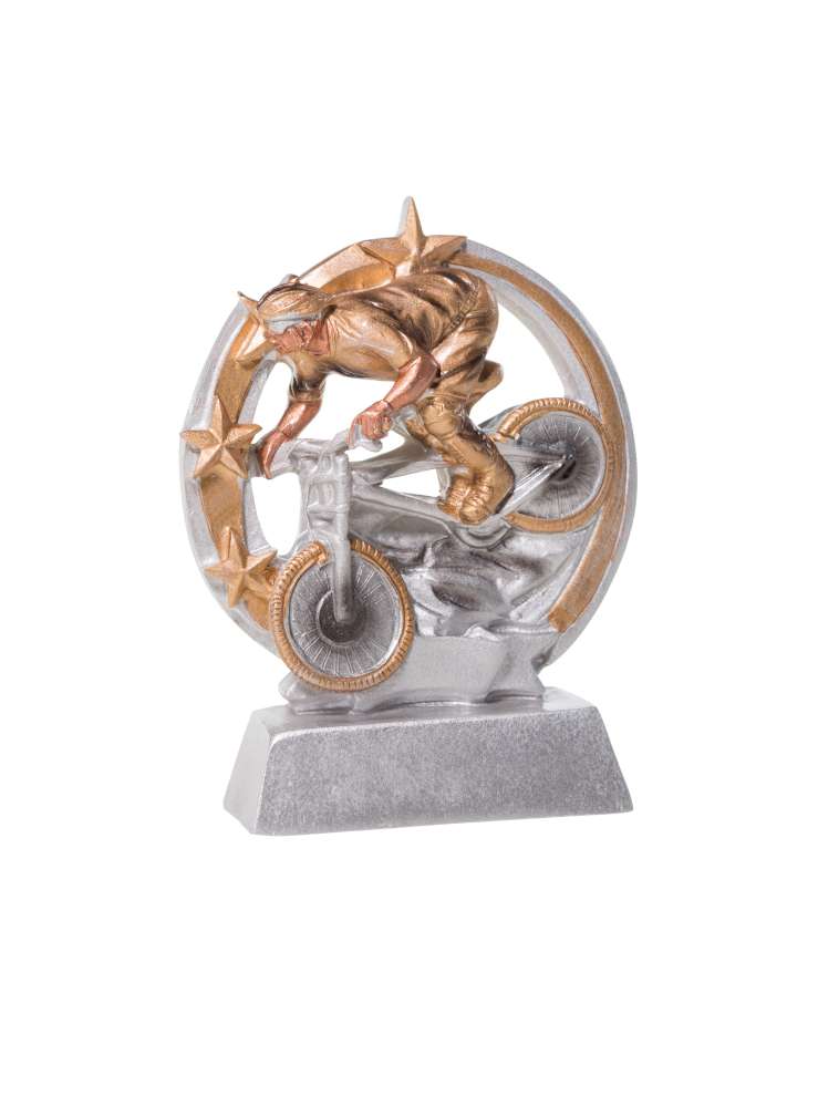 Die Trophäe Radsport 125 mm zeigt einen Radfahrer, der ein Kunststück vollführt, umrahmt von Sternen und einem kreisförmigen Motiv auf einem silbernen Sockel - ein ideales Geschenk, um radsportliche Leistungen zu feiern.