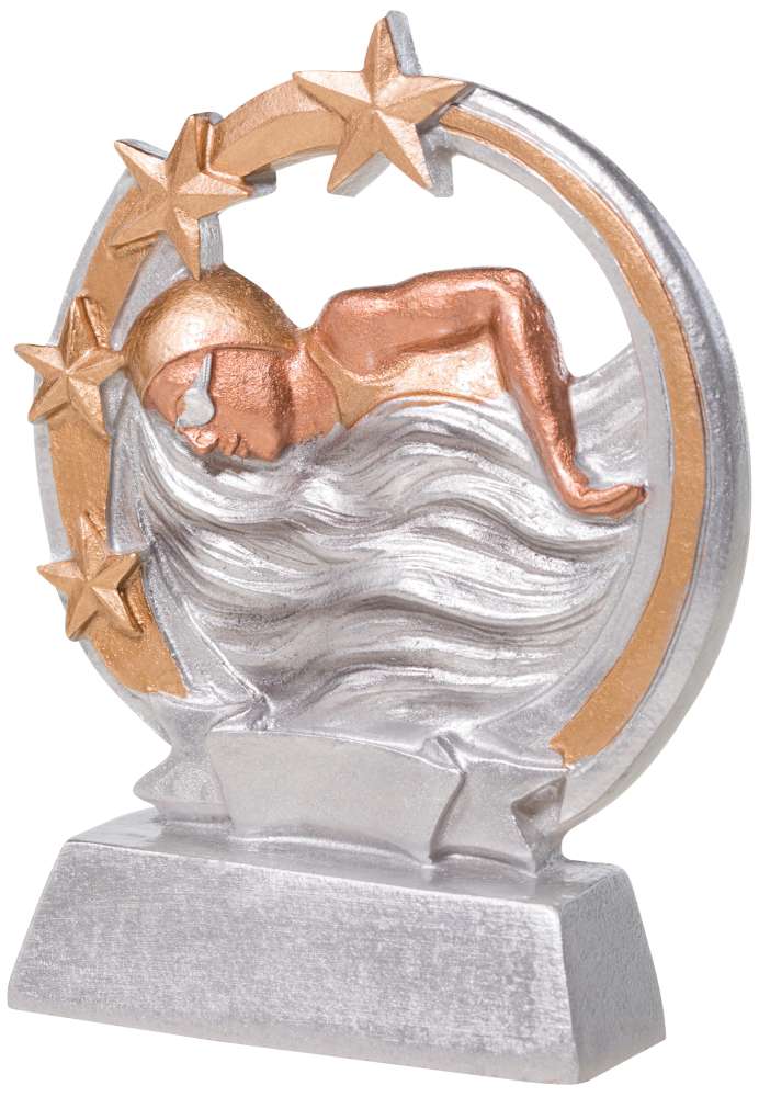 Eine Trophäe Schwimmen Damen 125 mm mit einem bronzefarbenen Schwimmer mit Kappe und Schwimmbrille, umgeben von einem goldenen Bogen mit Sternakzenten, montiert auf einer silbernen Basis – ein exklusives Design aus hochwertigem Material.