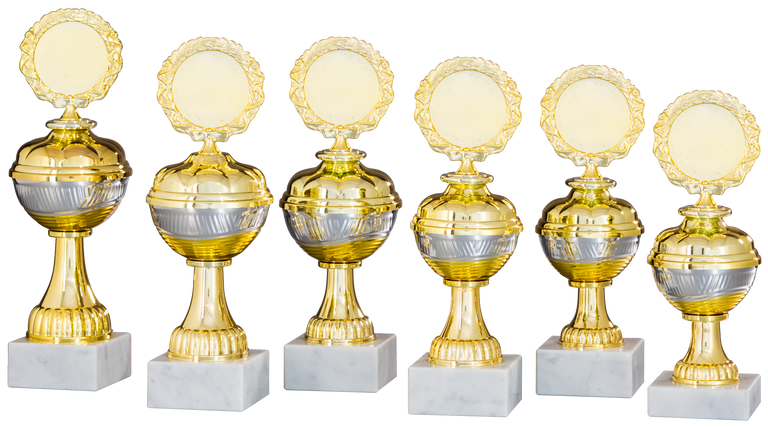 Sechs goldene und silberne Pokale Marburg 6-er Pokalserie 208 mm – 255 mm mit runden Plaketten und Sockeln aus weißem Marmor sind in einer Reihe angeordnet und zeigen ein exklusives Design.