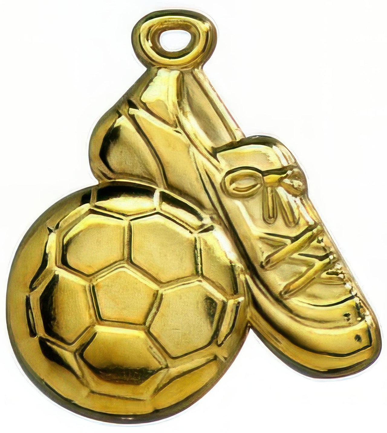 Eine goldfarbene Medaille mit einem Fußball und einem Stollen, gefertigt aus hochwertigem Material mit exklusivem Design, Fußball mit Schuh Medaillen Ludwigshafen 53 x 50 mm PK78943.