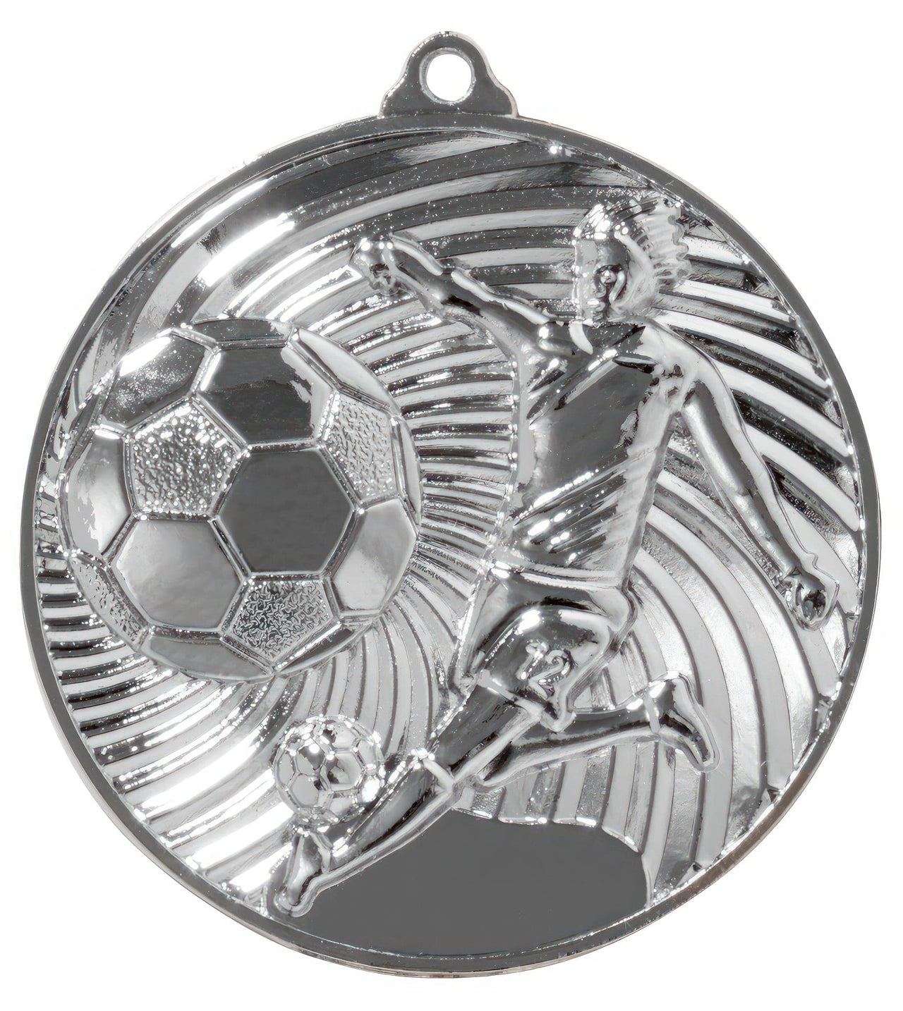 Eine **Fußballspieler-Medaille Erfurt 50 mm PK79186** zeigt ein geprägtes Design eines Fußballspielers, der einen Ball kickt, mit Wirbeln im Hintergrund, und besticht durch exklusives Design und Fertigung aus hochwertigem Material.