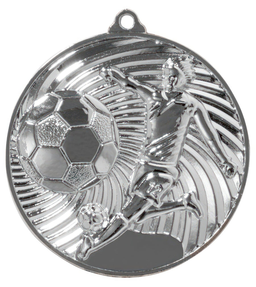 Eine **Fußballspieler-Medaille Erfurt 50 mm PK79186** zeigt ein geprägtes Design eines Fußballspielers, der einen Ball kickt, mit Wirbeln im Hintergrund, und besticht durch exklusives Design und Fertigung aus hochwertigem Material.