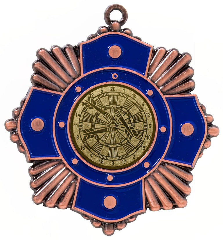 Bronzefarbene Medaille mit blauen Emailleflächen und einem Emblem mit Dartscheibe und Dartpfeilen. Medaillen Herne 65 mm von POMEKI.