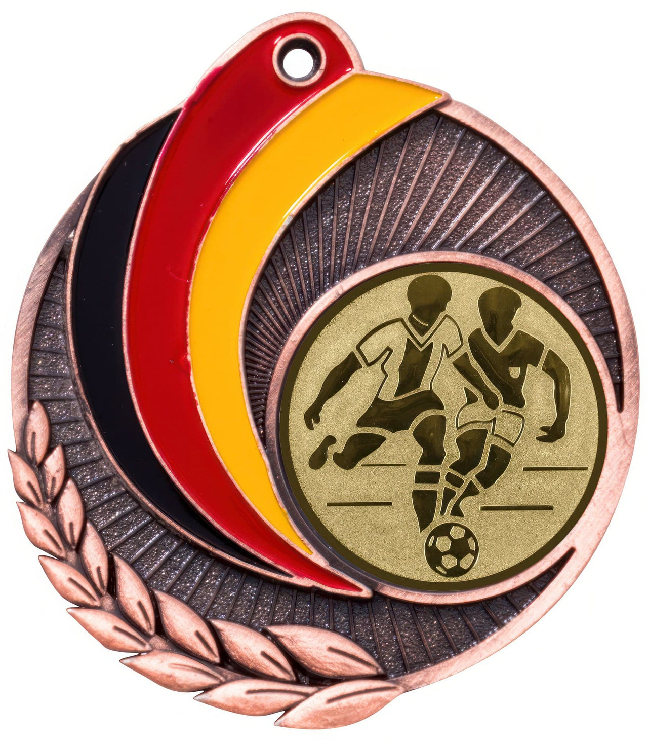 Eine bronzefarbene Medaille mit zwei Fußballspielern in Aktion, umgeben von roten, gelben und schwarzen Farben und einem Lorbeerblatt-Design. Dieses exklusive Design aus hochwertigem Material macht die Medaillen Frankfurt am Main 50 mm PK79218g-E25 zu einem herausragenden Medaillenstück.