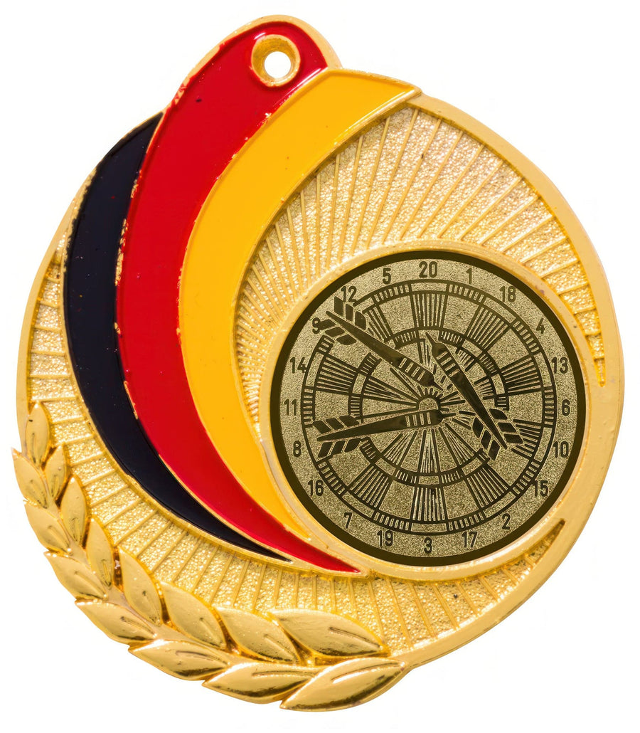 Goldmedaille mit einem rot-gelb-blauen Design mit einem Zifferblatt in der Mitte und Lorbeerblättern unten links. Diese Medaillen Frankfurt am Main 50 mm PK79218g-E25 zeigen ein exklusives Design aus hochwertigem Material.