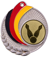 Thumbnail for Eine runde Medaille mit einem rot-schwarz-gelben Banddesign auf der linken Seite, einem Lorbeerzweig unten und einem zentralen goldfarbenen Bereich mit einem Turner, der einen Handstand macht. Diese Medaillen Frankfurt am Main 50 mm PK79218g-E25 haben ein exklusives Design und sind aus hochwertigem Material gefertigt.