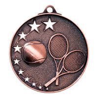 Thumbnail for Tennis-Medaillen Magdeburg 52 mm PK79237 mit einem Tennisball, zwei Tennisschlägern und an den Rändern angeordneten Sternenmotiven bestechen durch exklusives Design und hochwertiges Material.