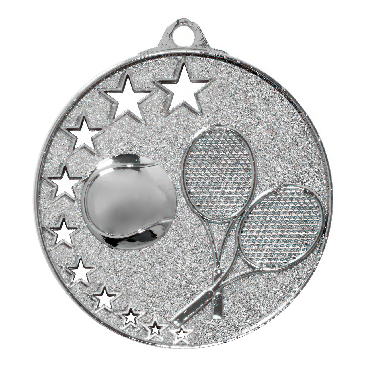 Die Tennis Medaillen Magdeburg 52 mm PK79237 sind eine silberne Tennismedaille mit einem Tennisball, zwei gekreuzten Tennisschlägern und mehreren Sternen auf einem glitzernden Hintergrund, gefertigt aus hochwertigem Material für ein exklusives Design.