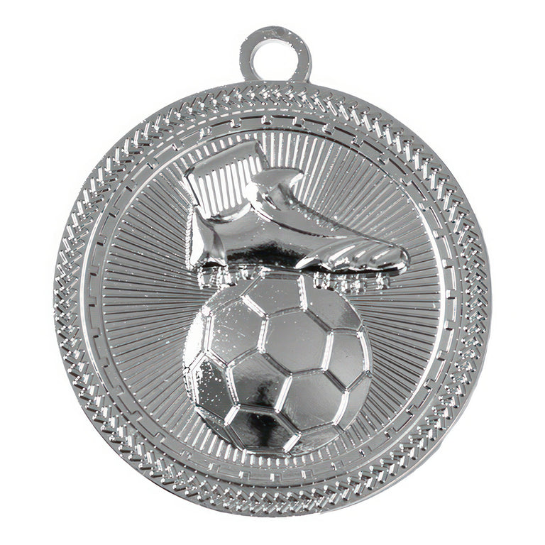 Eine exklusive Auszeichnung: Eine Silbermedaille mit dem Relief des Fußballschuh Medaillen Lübeck 50 mm und Bälle von POMEKI.