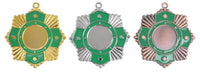 Thumbnail for Drei Medaillen Solingen 65 mm PK79289g-E25 werden nebeneinander ausgestellt: eine goldene, eine silberne und eine bronzene. Jede Medaille weist ein exklusives Design mit einem grünen kreuzförmigen Muster in der Mitte auf. Diese aus hochwertigem Material gefertigten Medaillen strahlen Eleganz und Prestige aus.