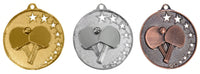 Thumbnail for Drei Tischtennis-Medaillen Freiburg 50 mm PK79317 in Gold-, Silber- und Bronze-Farben, jeweils mit geprägten Ping-Pong-Schlägern und Sternen von POMEKI.