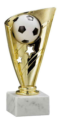 Thumbnail for 3-er Serie Fußball 150 mm – 170 mm PK736600-3 Fußballtrophäe mit exklusivem Design und Sternen, montiert auf einem weißen Marmorsockel.