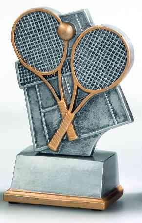 Bronze- und silberne 3-er Serie Tennis 80 mm PK736876-78-3 mit zwei gekreuzten Tennisschlägern und einem Tennisball auf rechteckiger Basis, perfekt als Auszeichnung oder aufmerksames Geschenk.