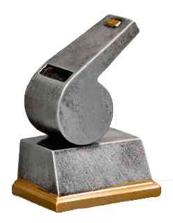 Der Trophäe Schiedsrichter 100 mm ist eine metallische pfeifenförmige Trophäe auf einem rechteckigen Sockel mit goldenen Akzenten - ein ideales Geschenk für herausragende Leistungen.