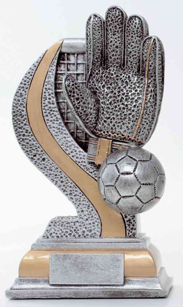 Der 3er Serie Torwart Handschuh 135 mm - 201 mm ist eine silber-goldene Fußballtrophäe mit einem Torwarthandschuh, der einen Ball fängt, auf einem Sockel mit Gravurplakette - ideal als Ehrenpreis für Spitzenleistungen.