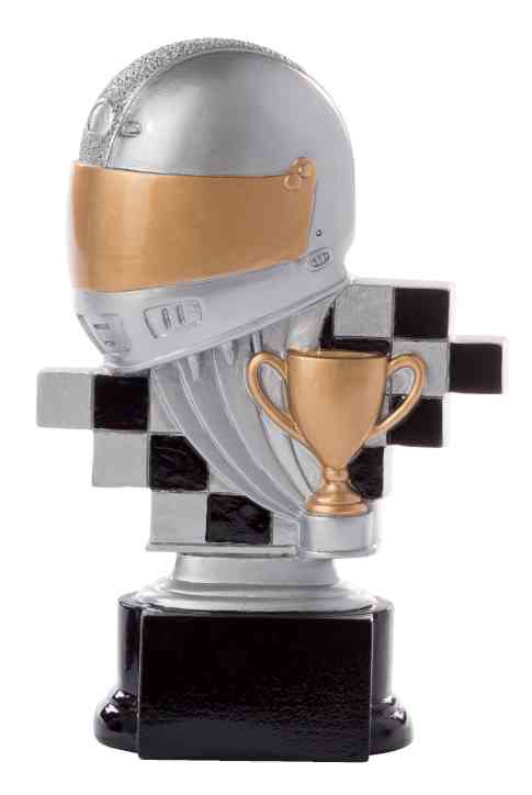 Die 3-er Serie Motorsport 160 mm - 200 mm ist eine unverwechselbare Trophäe mit silbernem Rennhelm, goldenem Visier, kariertem Hintergrund und goldenem Pokal auf schwarzem Grund - ein ideales Geschenk für Motorsportfans.