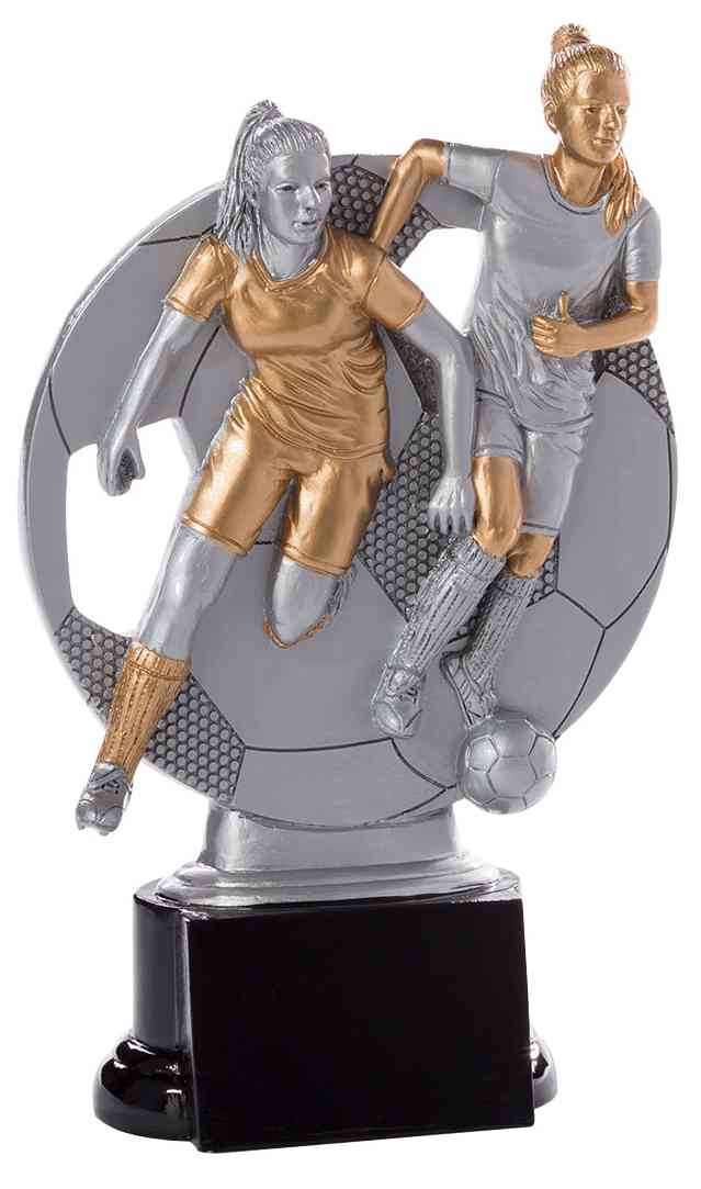 Eine atemberaubende 3-er Serie Fußball Frauen 160 mm - 200 mm, die zwei Fußballspieler in Aktion zeigt, einer mit einem Fußball. Die in Silber und Gold gehaltenen Figuren stehen stolz auf einem eleganten schwarzen Sockel – eine ideale Auszeichnung oder ein ideales Geschenk für jeden Fußballfan.