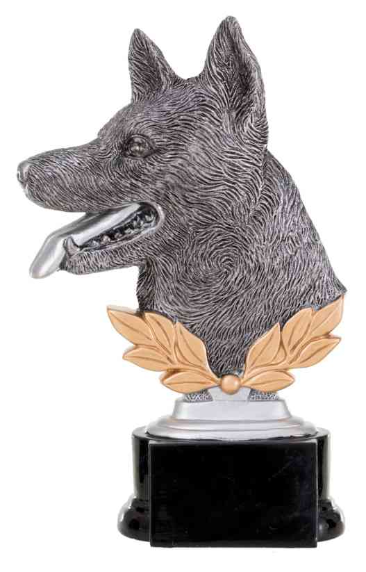 Der 3er Serie Schäferhund 160 mm - 200 mm zeigt einen detailreichen Schäferhundkopf mit goldenem Lorbeersockel auf einem glänzend schwarzen Sockel - eine elegante Trophäe für jeden Anlass.