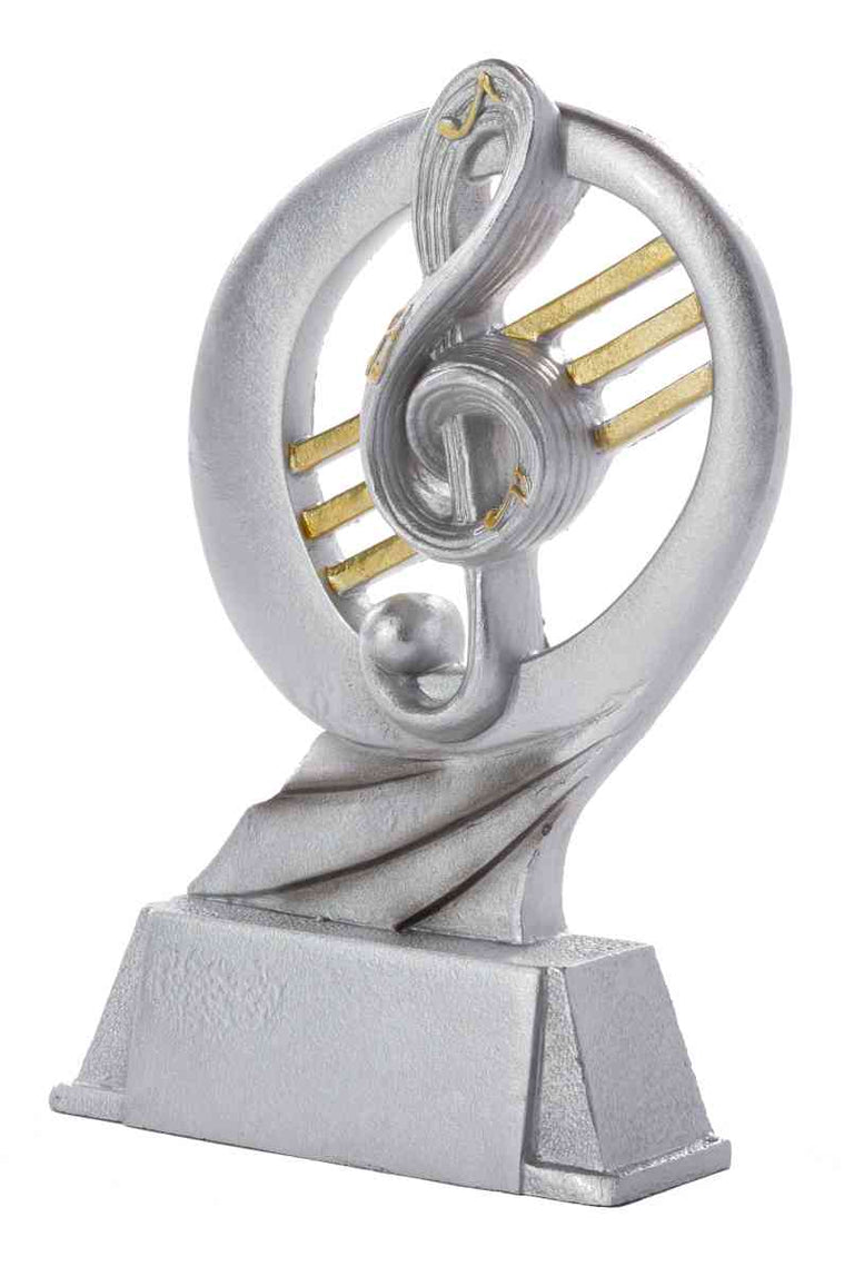 Eine silberne Trophäe Musik 170 mm mit einem Violinschlüsselsymbol mit goldenen Akzenten, montiert auf einem rechteckigen Sockel.