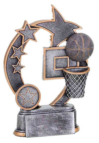 Thumbnail for Ein Basketball der 3er-Serie 127 mm – 160 mm PK739413-11-3 mit Ball-, Sternen- und Korbdesign, montiert auf einer Basis aus hochwertigem Material.
