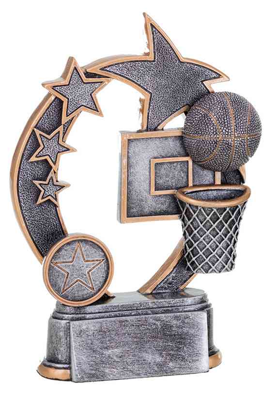 Ein Basketball der 3er-Serie 127 mm – 160 mm mit Ball-, Sternen- und Korbdesign, montiert auf einer Basis aus hochwertigem Material.