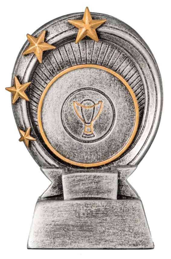 Eine 3-er Serie Sonstiges 110 mm – 150 mm mit goldenen Akzenten, mit drei goldenen Sternen auf der linken Seite und einem zentralen, goldumrandeten Kreis, der eine Tasse darstellt, veranschaulicht exklusives Design und hochwertiges Material.