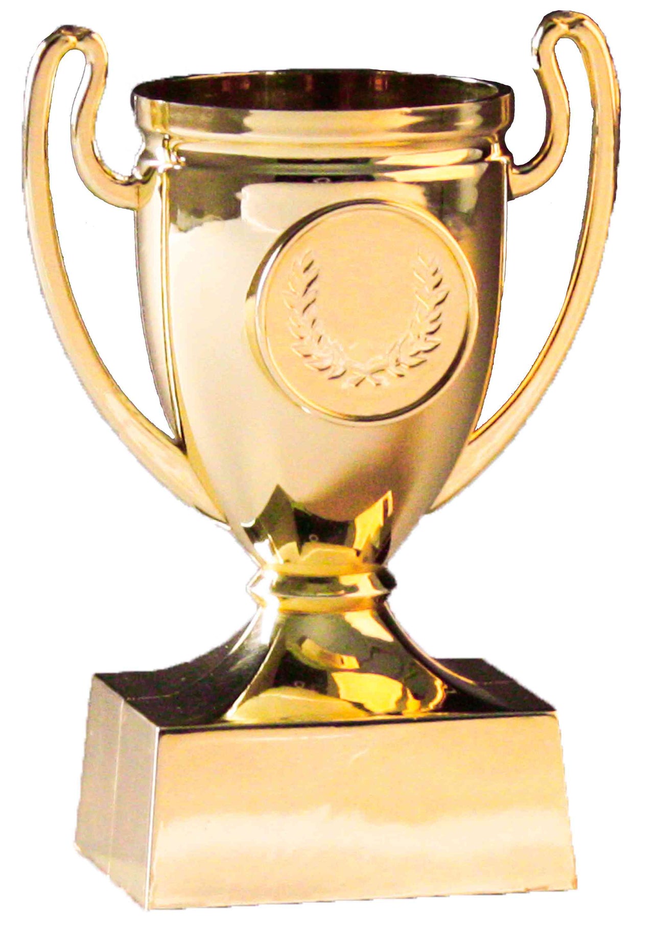 Goldener Pokal mit zwei Henkeln und einer blanken Medaille, montiert auf einem schwarzen rechteckigen Sockel der Pokale Frankenthal 3-er Pokalserie 110 mm PK739626-3-E25.