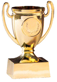 Thumbnail for Goldener Pokal mit zwei Henkeln und einer blanken Medaille, montiert auf einem schwarzen rechteckigen Sockel der Pokale Frankenthal 3-er Pokalserie 110 mm PK739626-3-E25.