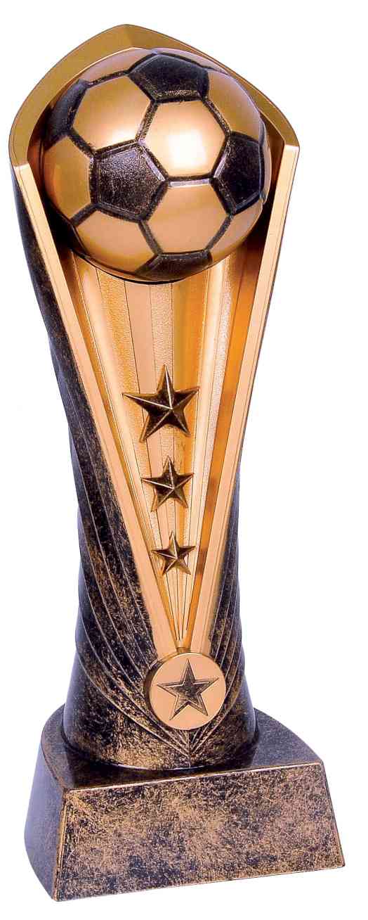 Bronzefarbener Fußballpokal mit Ball an der Spitze, drei Sternen auf der Säule und rundem Sternemblem am Sockel. 4-er Serie Fussball 190 mm - 310 mm von POMEKI.