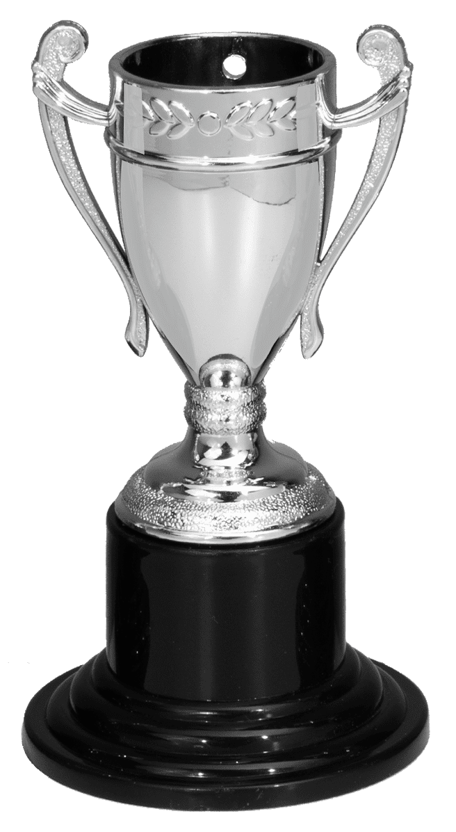Eine silberne POMEKI-Trophäe aus der Pokale Wilhelmshaven 3-er Pokalserie 105 mm auf schwarzem Sockel.